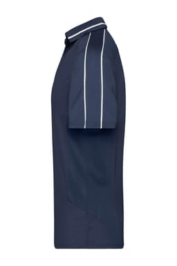 A navy polo shirt featuring contrasting white stripes, with a classic collar and short sleeves.