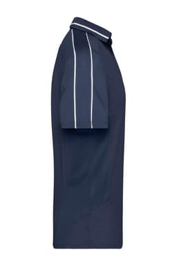 A navy polo shirt featuring contrasting stripes on the sleeves and a collar. The shirt has a logo on it.