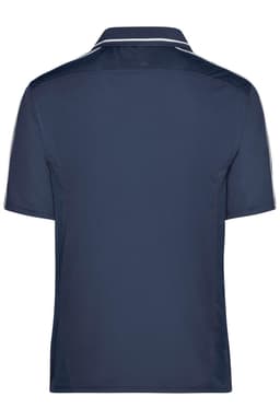 A navy blue polo shirt featuring a collar and a subtle contrasting stripe. It has a logo on the chest area.