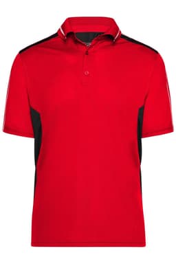 A red polo shirt with black accents and a collar, featuring a logo on the chest.