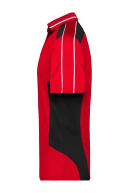 A red polo shirt with black accents and logo, featuring a side view showing its collar and design details.