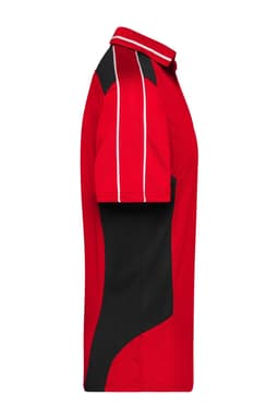 A red and black polo shirt with contrasting side panels and a small logo on the chest.
