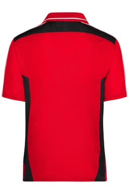 A red polo shirt featuring black side panels and a collar, with a logo on the front.