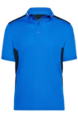 A blue polo shirt with black side panels and a collar, featuring a logo on the chest.