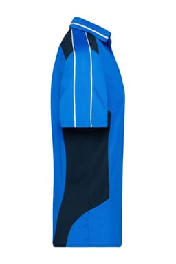 A blue and navy polo shirt featuring contrasting side panels and a collar. The shirt includes a logo.