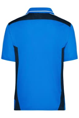 A blue polo shirt with black side panels and a contrasting collar, featuring a logo on the chest.