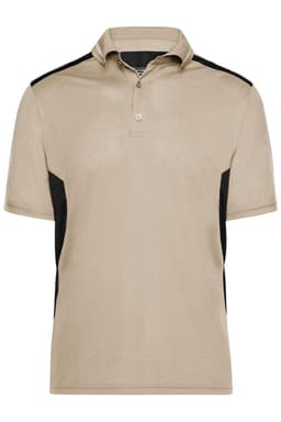 A beige polo shirt with black side panels and a collar, featuring a logo on the chest.