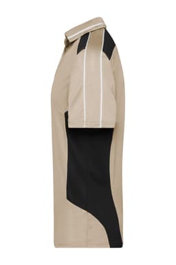 A beige and black polo shirt featuring a side panel design and a logo.