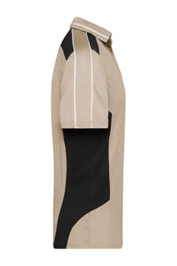 A beige and black polo shirt featuring a logo, with a sporty design and contrasting panels on the sides.