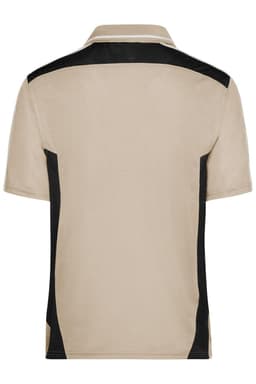 A beige polo shirt with black side panels and a collar, featuring a logo on the back.