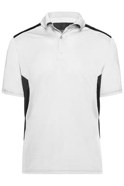 A polo shirt featuring a white body with black side panels and a collar. It has a small logo.