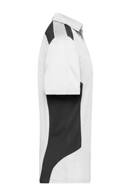 A polo shirt in white with black accents, featuring a logo on the front.