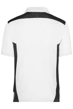 A polo shirt in white with black side panels and a logo on the back. Features a classic collar and short sleeves.