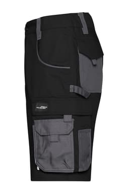 A pair of black work shorts featuring grey accents and multiple pockets, including a side and cargo pocket.