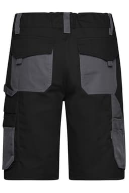 Workwear Bermudas in black with grey accents, featuring multiple pockets and a logo. Ideal for work environments.