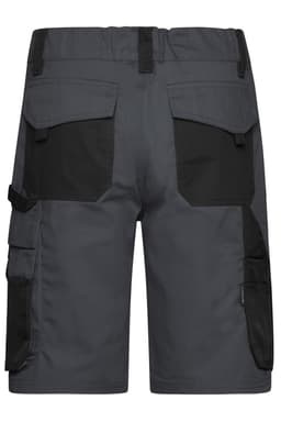 A pair of dark grey work shorts with black accents and multiple pockets on the back.