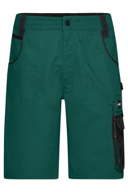 Green work shorts featuring multiple pockets and a contrasting black waistband. Includes a logo on the side.