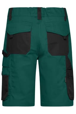 Workwear Bermudas in teal and black, featuring multiple pockets and a logo. Back view of the shorts.