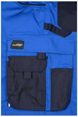 A close-up of blue workwear bermudas featuring black accents and multiple pockets, including a logo.