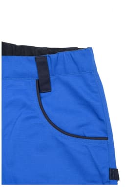 Blue work shorts featuring a pocket and contrasting black detailing, with an elastic waistband. The product has a logo.