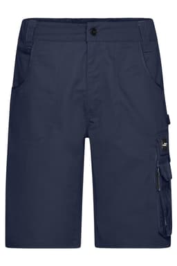 Navy work shorts with multiple pockets and a small logo on the side. Designed for durability and practicality.