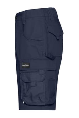 Navy work shorts featuring multiple pockets and a logo, designed for durability and functionality.