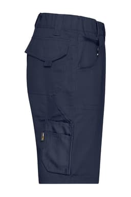 Navy blue work shorts with multiple pockets and a logo. Made from durable fabric, designed for workwear settings.