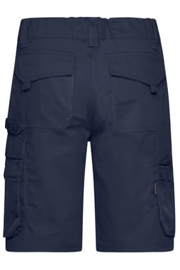 Navy blue work shorts featuring multiple pockets and a waistband with adjustable features. Includes branding.