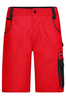 Red workwear bermudas with black detailing and pockets, featuring a logo on the side.