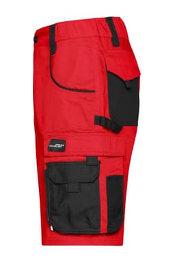 Workwear Bermudas in red with black accents, featuring multiple pockets and a branded logo.