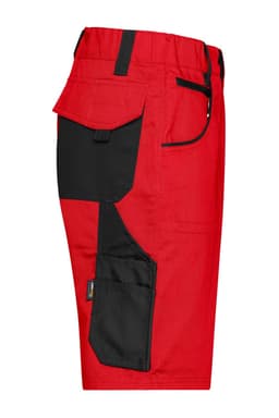 Red and black work shorts featuring multiple pockets and a logo. Suitable for various work environments.
