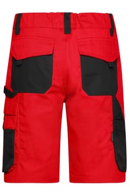 Red workwear bermudas featuring black accents and multiple pockets, with an adjustable waistband and a branding logo.