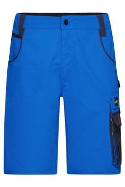 Bright blue work shorts featuring black accents, with multiple pockets and a branded label. Ideal for workwear.