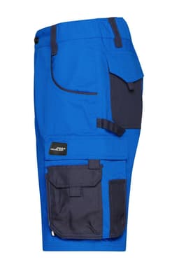 Bright blue workwear bermudas featuring multiple pockets and a contrasting dark navy panel. Includes a logo label.