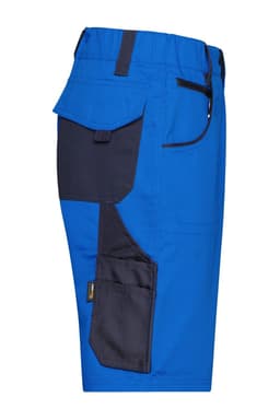 Bright blue work shorts featuring a contrasting dark pocket and a logo, designed for durability and functionality.