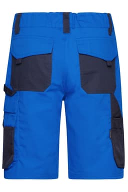 Bermuda shorts in blue with black accents and multiple pockets, featuring a logo on the waistband.