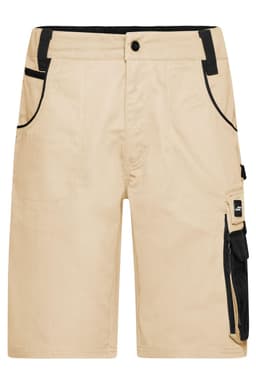 Workwear Bermudas in beige with black accents and pockets, featuring a side cargo pocket and a logo.
