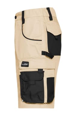 Workwear Bermudas in a tan shade with black accents, featuring multiple pockets and a logo.