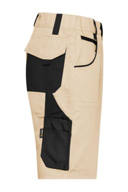 Workwear Bermudas in beige with black accents and multiple pockets. Features a logo on the fabric.