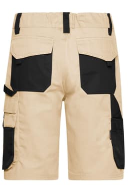 Tan work shorts featuring black pockets and detailing on the back. The shorts have a logo on them.