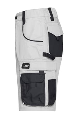Workwear bermudas in light grey and dark grey, featuring multiple pockets and a logo. Ideal for work settings.