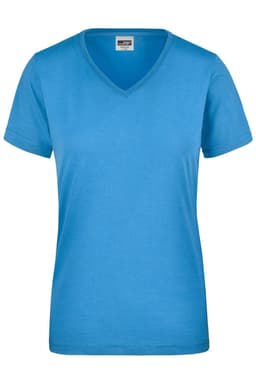 A blue v-neck ladies workwear t-shirt with short sleeves and a plain design. It has a branding logo on the label.