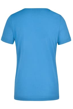 A blue ladies workwear t-shirt featuring short sleeves and a simple back design. It has a logo on it.
