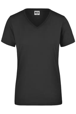 A black ladies workwear T-shirt with a V-neck and short sleeves, featuring a logo on the label.