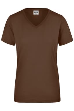 A brown ladies workwear T-shirt with a V-neck and short sleeves. It features a logo on the label.