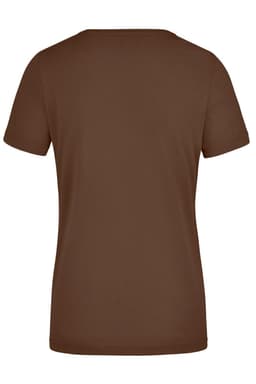 A brown ladies' T-shirt featuring a classic short-sleeve design and a plain back. It has a logo on the label.