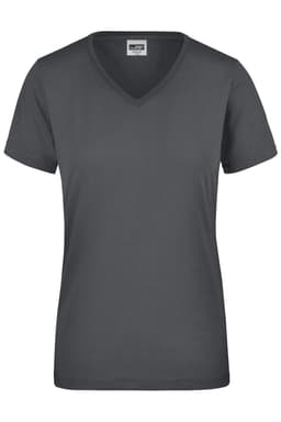 A ladies' workwear T-shirt featuring a V-neck design in grey with short sleeves and a logo.