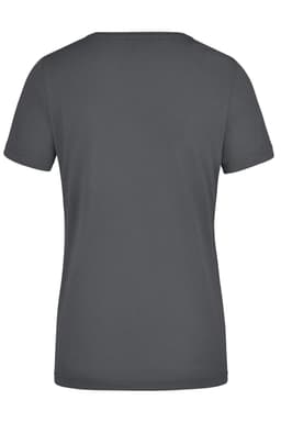 A ladies workwear t-shirt in grey with short sleeves and a round neckline, featuring a logo on the back.