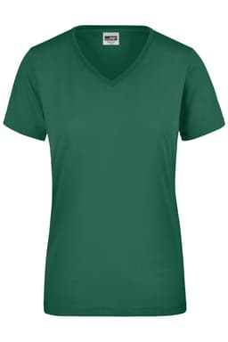 A green ladies' workwear T-shirt with a V-neck and short sleeves, featuring a small logo.