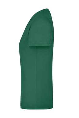 A green ladies workwear T-shirt with a crew neckline and short sleeves. It features a logo.